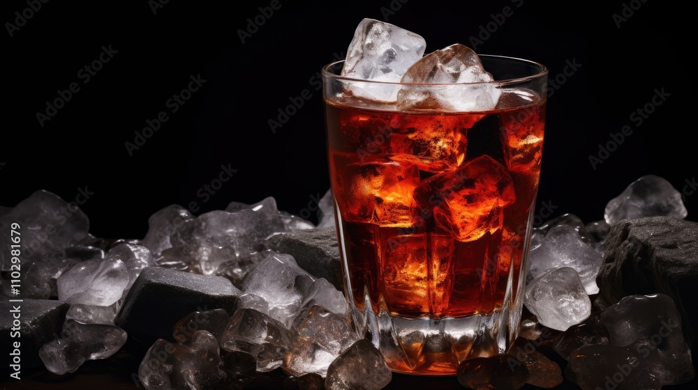 Poster refreshing cola beverage with ice cubes in a glass isolated on dark background showcasing chilling e