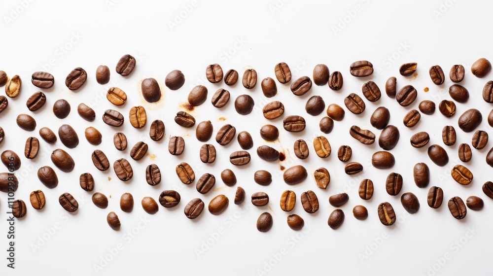 Poster coffee beans arranged in a neat line on a clean white background highlighting texture and color vari