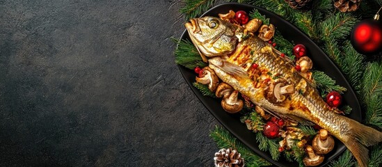 Roasted Carp with Mushrooms Festively Arranged on Dark Background Perfect for Holiday Dinner Promotion and Seasonal Cuisine Themes