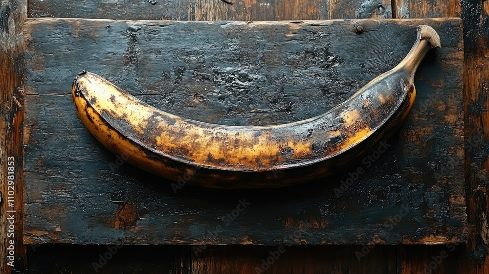 Aufkleber banana resting on rustic wooden surface highlighting its texture and colors in a natural setting for