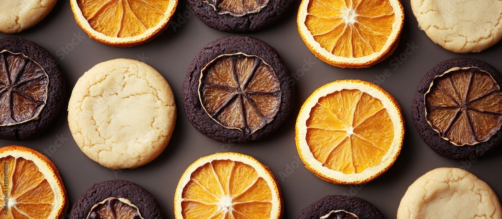Poster cookies with dried orange slices arranged in a stylish flat lay on a dark surface showcasing a varie