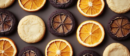 Cookies with dried orange slices arranged in a stylish flat lay on a dark surface showcasing a variety of textures and colors.