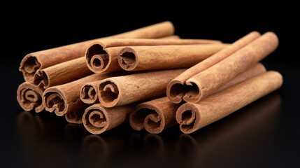 Cinnamon sticks arranged in a decorative fashion on a contrasting black background showcasing their natural texture and color
