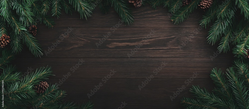 Poster rustic christmas wooden backdrop adorned with fir branches and pinecones creating a perfect space fo