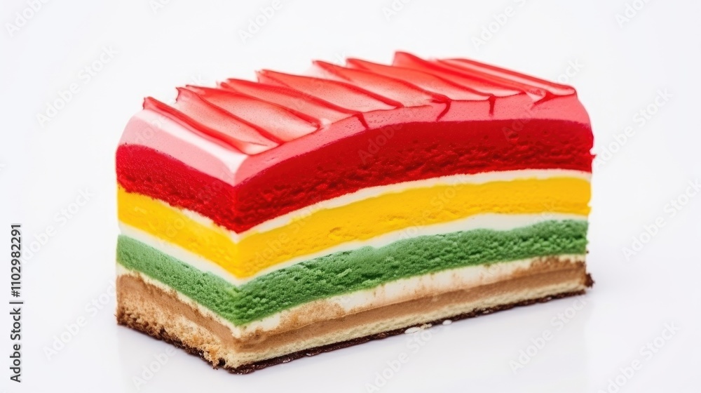 Poster vibrant layered cake with colorful frosting displayed from the side against a clean white background