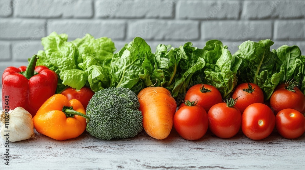 Aufkleber fresh colorful vegetables arranged on a rustic wooden table with a textured background showcasing he