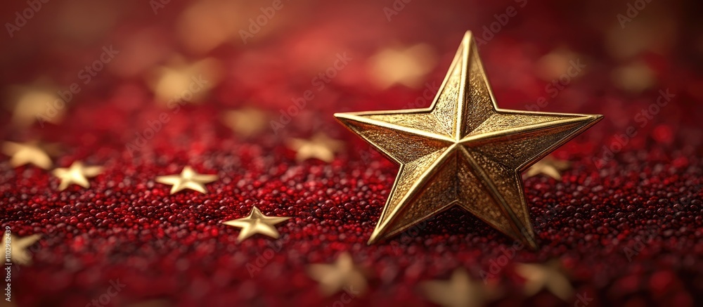 Poster gold star on a textured red background with subtle highlights creating a festive and celebratory atm