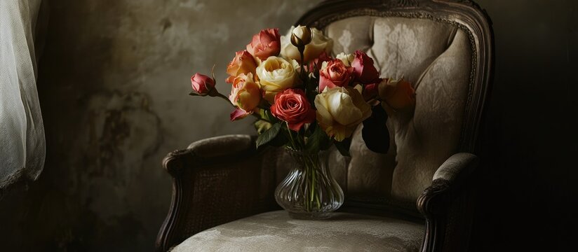 Elegant floral arrangement of gipsofila and roses in a glass vase on a vintage chair against a moody backdrop.