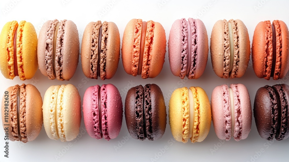 Poster assorted colorful macaroons arranged neatly on a white background showcasing a variety of flavors an