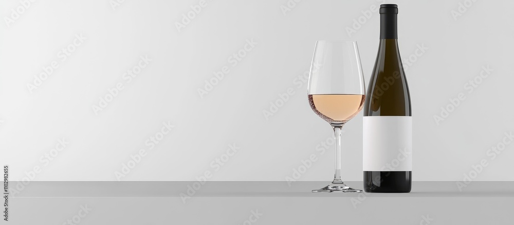 Poster elegant bottle of white wine beside a glass on a minimalist table with empty label for branding and 