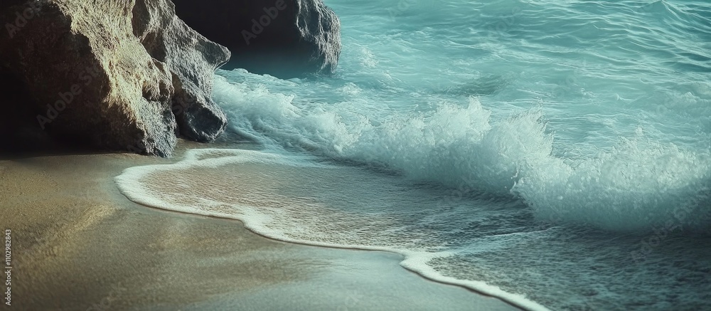 Poster serene beach scene with gentle waves lapping at the shore and smooth sand creating a tranquil coasta