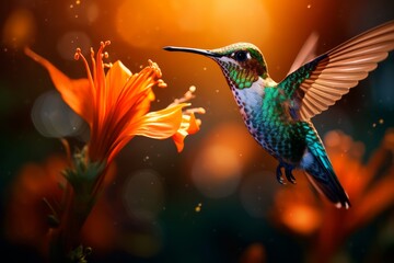 Fototapeta premium Concept Art of Hummingbird and Flower in Mystical Jungle