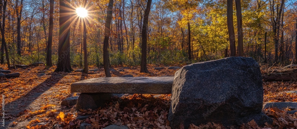 Poster autumn sunlight filters through trees illuminating a stone bench in a serene woodland setting with c