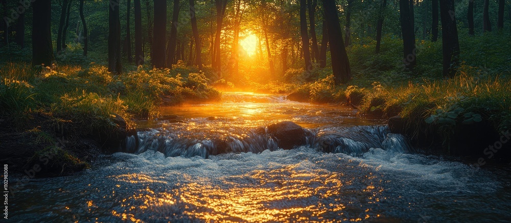 Poster serene small river flowing through a tranquil forest at sunrise with soft sunlight filtering through