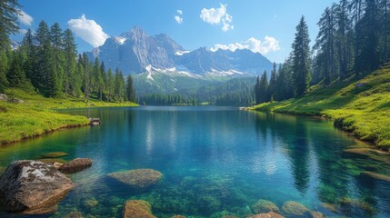 Fototapeta premium Tranquil mountain lake surrounded by lush greenery and majestic peaks under a clear blue sky with gentle clouds