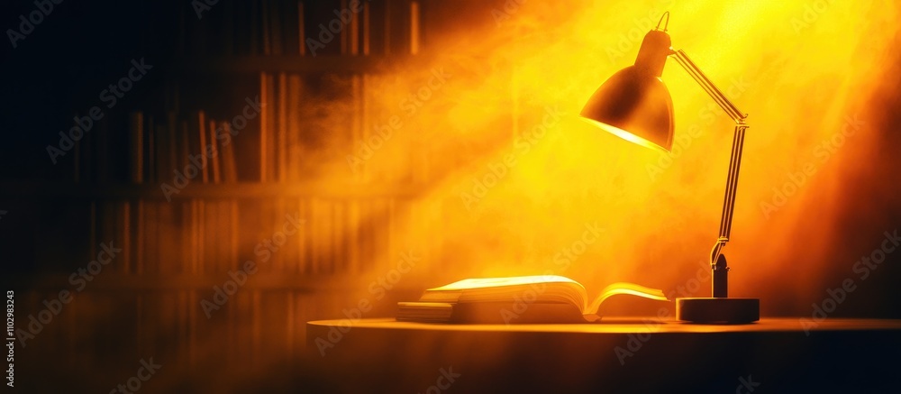 Poster illuminated lamp on study table with book creating a cozy reading atmosphere in a library setting wi