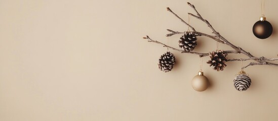 Minimalist Christmas decor showcasing a wooden branch with pinecones and elegant ornaments against a soft beige background