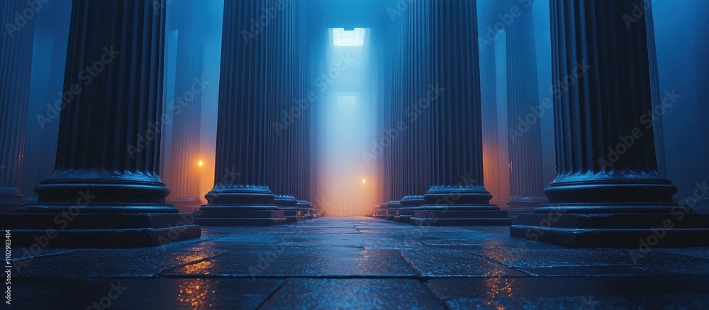 Poster urban architectural columns illuminated by mist and ambient lighting creating a mystical atmosphere 