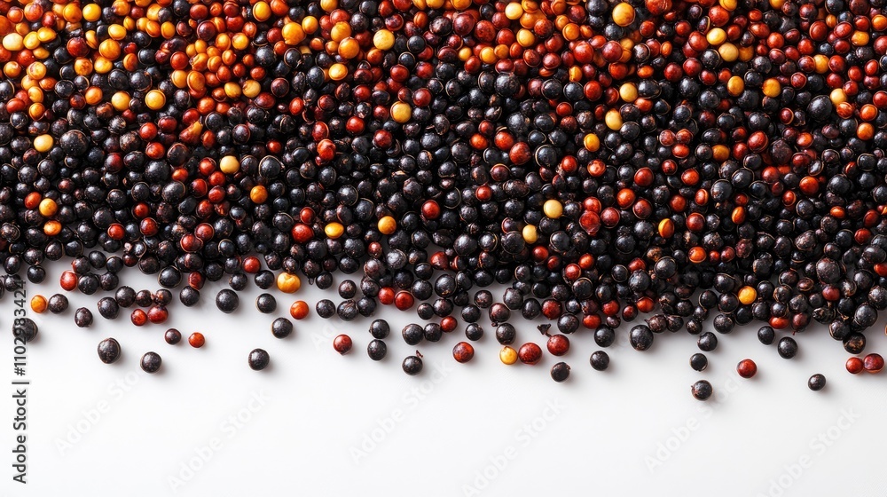 Aufkleber black and red quinoa seeds arranged on a white background showcasing a vibrant texture and ample spa