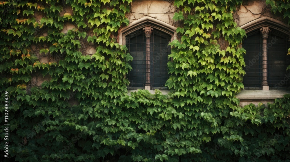 Poster lush green ivy climbing an ancient stone wall with gothic-style windows creating a serene and textur