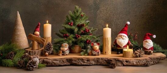 Rustic Vintage Christmas Arrangement with Candles Gnomes and Pinecones Celebrating the Holiday Spirit and Warm Festive Decor