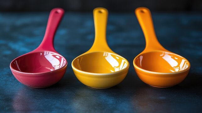 Colorful kitchen ladles in vibrant pink, yellow, and orange displayed creatively against a textured blue background for cooking and dining concepts.