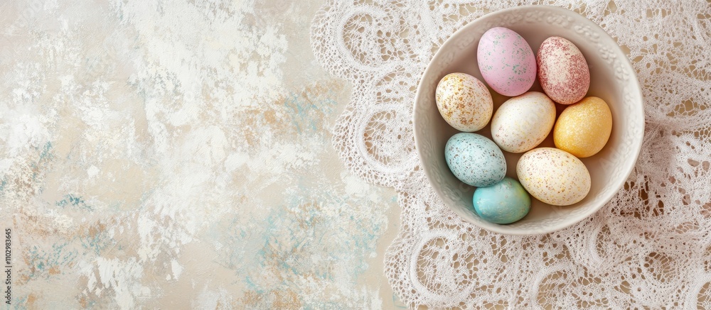 Poster pastel colored easter eggs in a bowl on a lace tablecloth creating a festive and inviting springtime