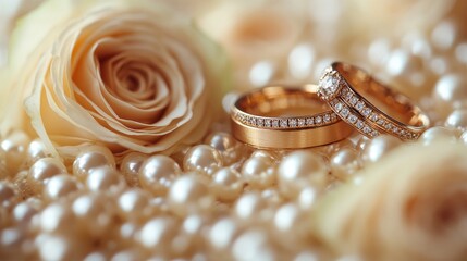 Elegant wedding invitation backdrop with golden rings white roses and lustrous pearls for a romantic celebration theme