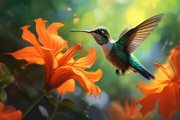 Naklejka premium Emerald-Touched Jungle Scene with Hummingbird in Flight