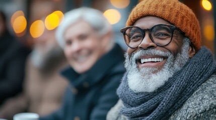 Joyful elderly man in warm winter attire enjoying a day outdoors