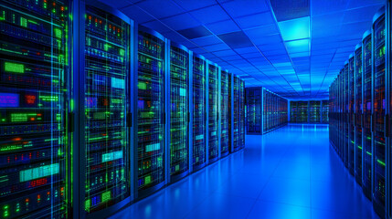 Fototapeta premium Data Center's Deep Blue Glow: Rows of powerful servers hum with activity in a state-of-the-art data center, bathed in a cool blue light.