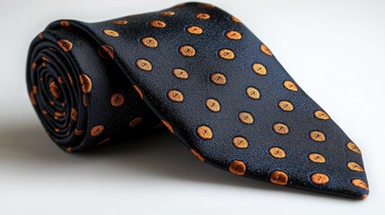 Elegant striped tie with orange and gold dots on a white background showcasing luxury and style in men's fashion accessories.