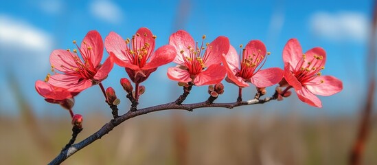 Cherry blossoms in full bloom against a vibrant blue sky with plenty of space for text or graphic overlay for creative designs