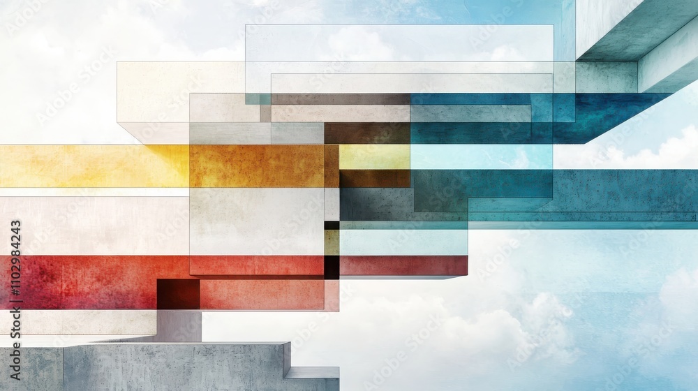 Aufkleber exploring abstract architectural forms of stacked rectangles coastal environment digital artwork aer