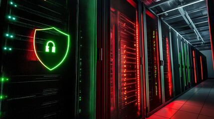 Data Security and Protection: A glowing green shield with a headset icon,  a symbol of secure data and communication, stands out against a backdrop of server racks in a modern data center.