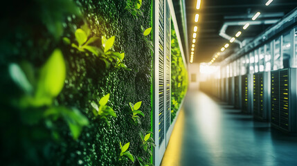 Green Data Center: A futuristic server room with a living green wall, showcasing sustainability and innovation in technology.  