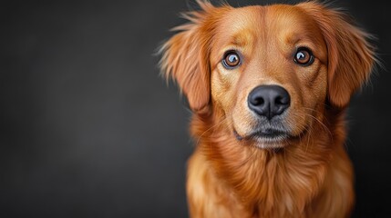 Portrait of a golden retriever with expressive eyes and soft fur against a dark background showcasing its charming features and personality