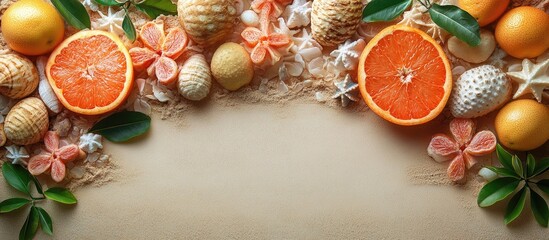 Vibrant beach accessories and fresh fruits arranged artistically on a beige background for a summer-themed composition