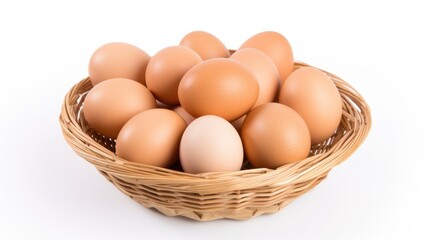 Close up of assorted fresh eggs in a wicker basket against a clean white background showcasing natural farm produce and culinary ingredients.
