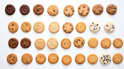 Obraz premium Variety of Cookies Arranged in Rows on a Bright White Background Perfect for Food and Dessert Related Content