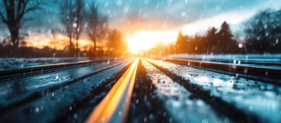 Urban transportation development railway tracks at sunset with rain on the ground showcasing infrastructure and urban planning concepts.
