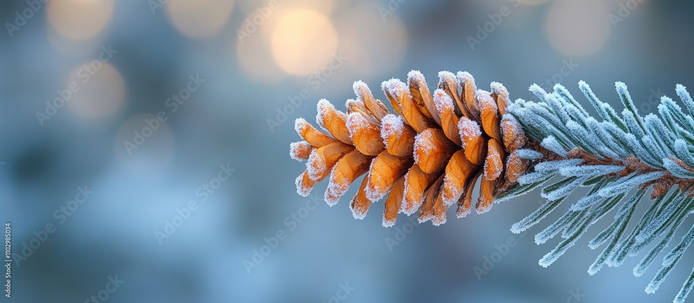 Aufkleber frosted pinecone perched on evergreen spruce branch surrounded by tranquil snow creating a serene wi
