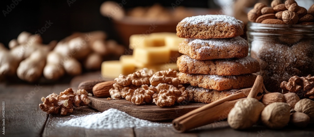 Poster homemade cookies and bread display with ginger nuts and powdered sugar on rustic wooden table showca