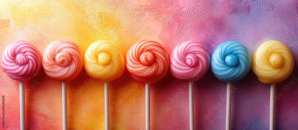 Poster colorful swirl lollipops arranged horizontally on a vibrant background with space for text or design