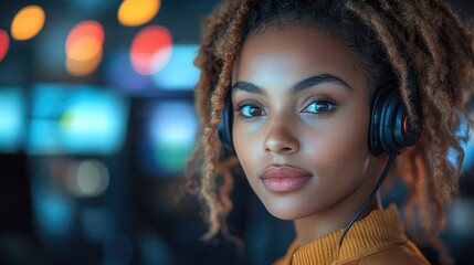 Professional young woman working in a modern call center wearing headphones and providing excellent customer service in a vibrant environment