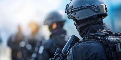 Tactical team members in black gear secure perimeter during counter terrorism operation, showcasing teamwork and vigilance