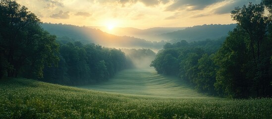 Obraz premium Serene countryside landscape at dawn with misty hills and lush greenery under a sunrise sky
