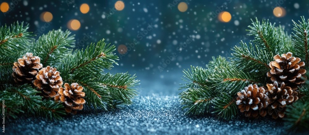 Poster christmas backdrop with fir branches and pine cones creating a festive atmosphere with snowy backgro