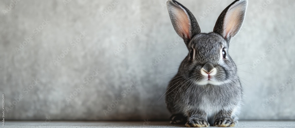 Poster charming gray rabbit with expressive ears positioned against a neutral background highlighting its f