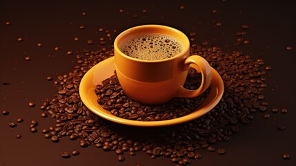 Cup of coffee filled with rich brew surrounded by fresh coffee beans on a dark textured background